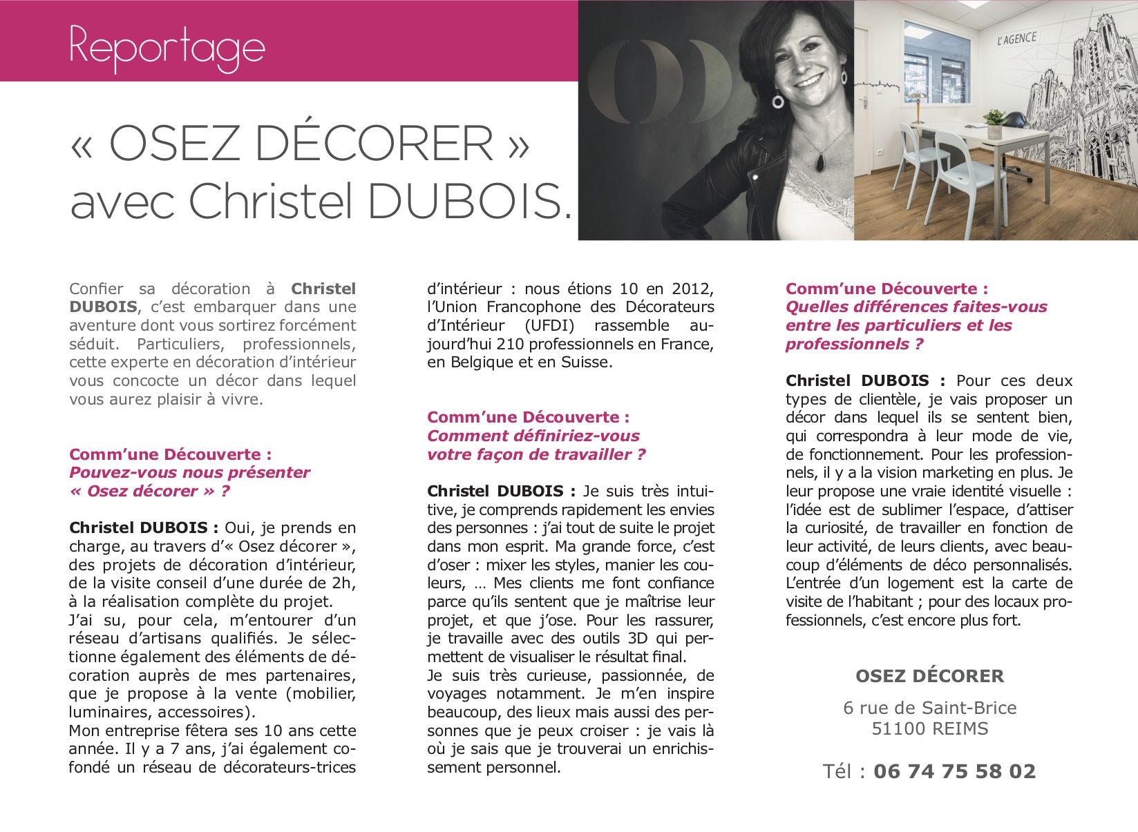 Article de presse Février 2020 sur Christel Dubois, Décoratrice UFDI à Reims, Dirigeante d'Osez Décorer